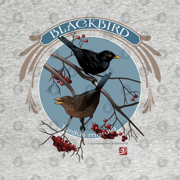 Blackbirds courting in a rowan tree by Birds by D.H. Kafton Studio